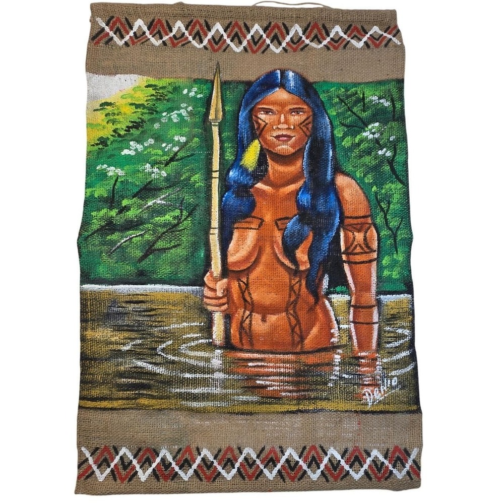 Hand Painted Tribal Amazon Woman Burlap Wall Art Signed Denio Large